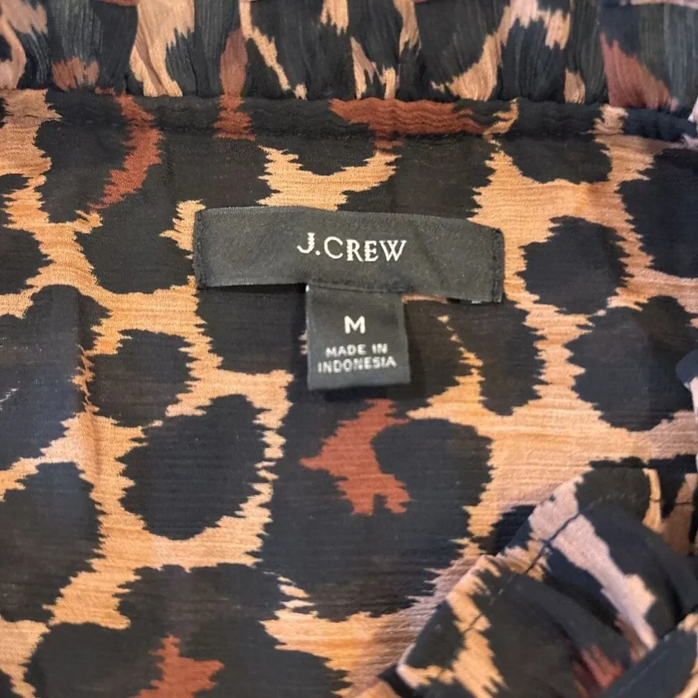 J Crew Leopard Print Dress tie neck tiered in crinkle chiffon pullover Sz Medium